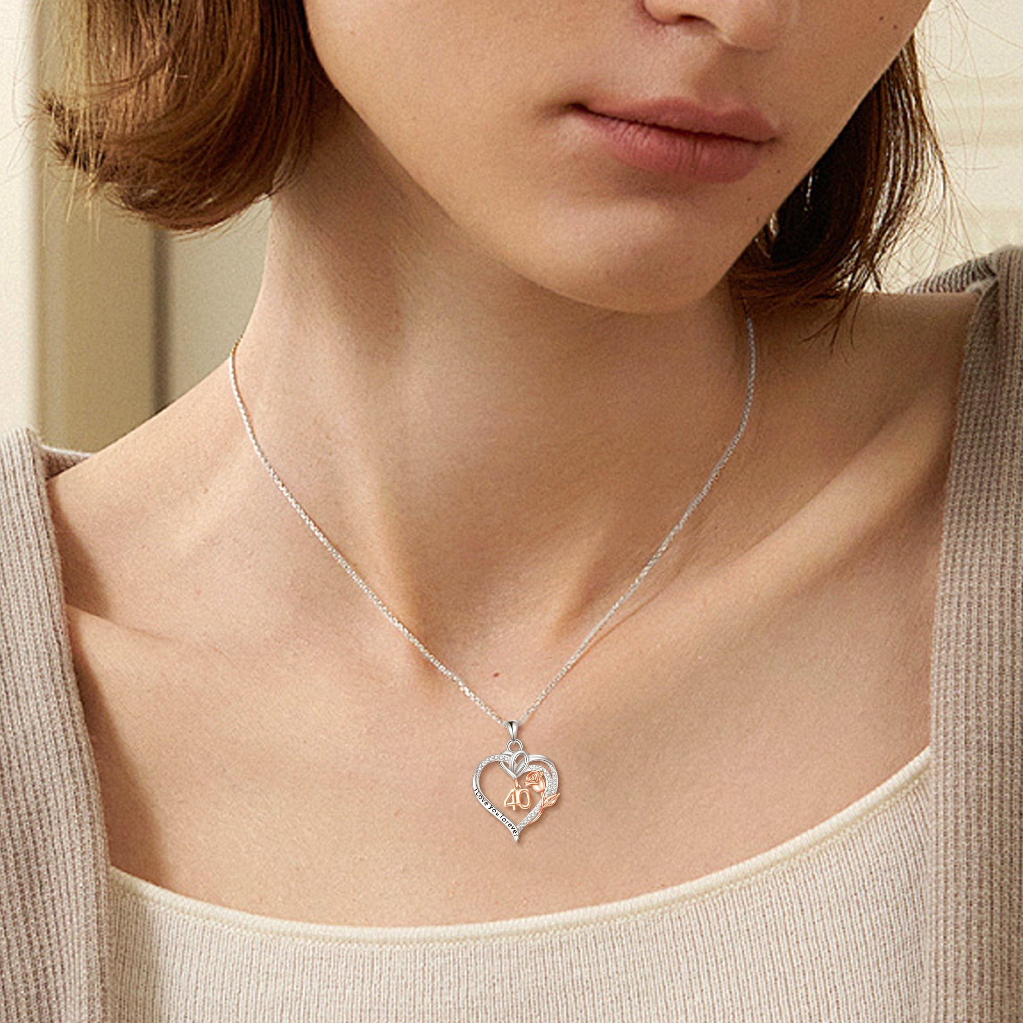 Birthday Necklace Sterling Silver 40th Birthday Pendant Necklace Heart Rose Flower Birthday Jewelry for Women Mothers Day Christmas Gifts