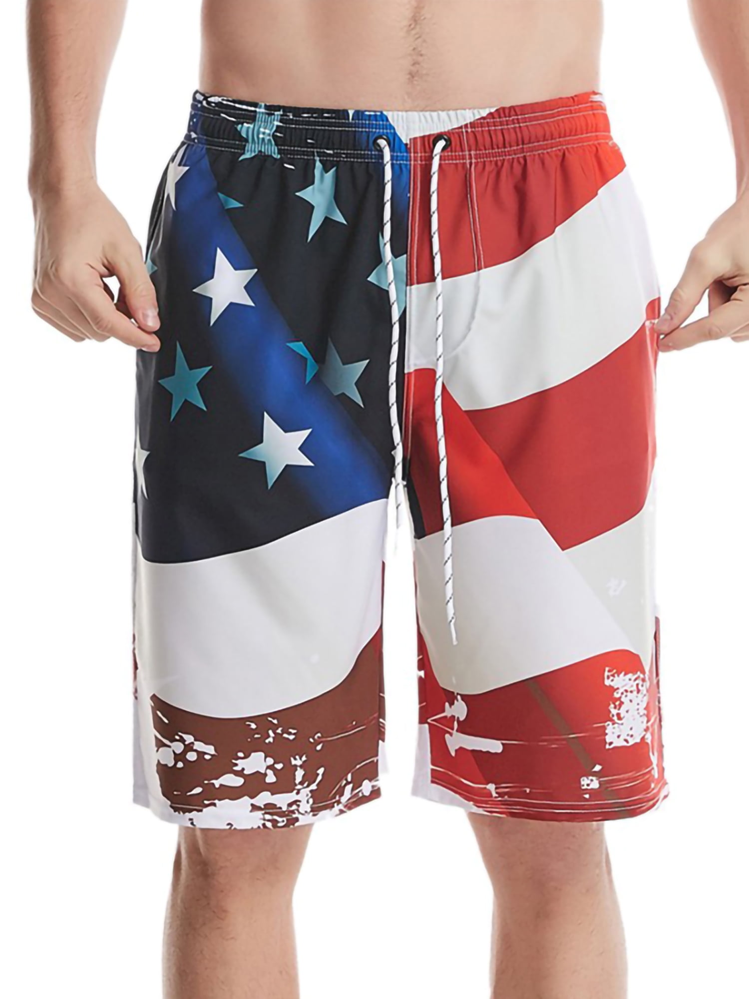 Mens Swim Trunks Eagle with American Flag Quick Dry Drawstring Surfing Beach Board Shorts with Pockets