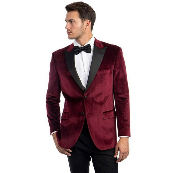 Men's Two Button Peak Lapel Velvet Wedding & Prom Tuxedo Jacket in Burgundy