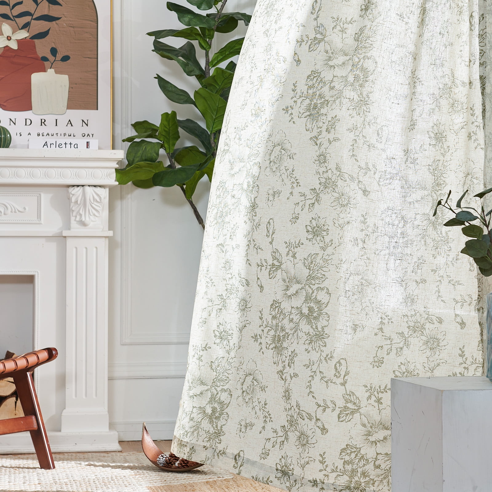 CURTAINKING Linen Curtains Floral Curtains for Living Room 63 Inch Length Green Printed Curtains Rod Pocket Back Tab Farmhouse Peony Flower Patterned Drapes Bedroom Window Curtain Set 2 Panels