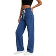thumbnail image 5 of Risckoth Women's Plus Size Drawstring Elastic Waist Jeans Straight Leg Loose Fit Side Pockets Solid Casual Long Pants S-2XL, 5 of 6