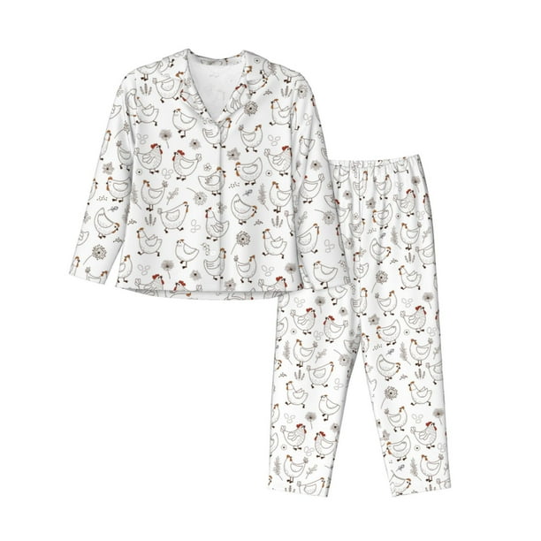 Fotbe Funny Chicken Conjunto de Pijama de Manga Larga para Mujer con Estampado, Ropa de Dormir de 2 Piezas, Conjunto de Casa Suave y Cómodo con Bolsillos-Medium