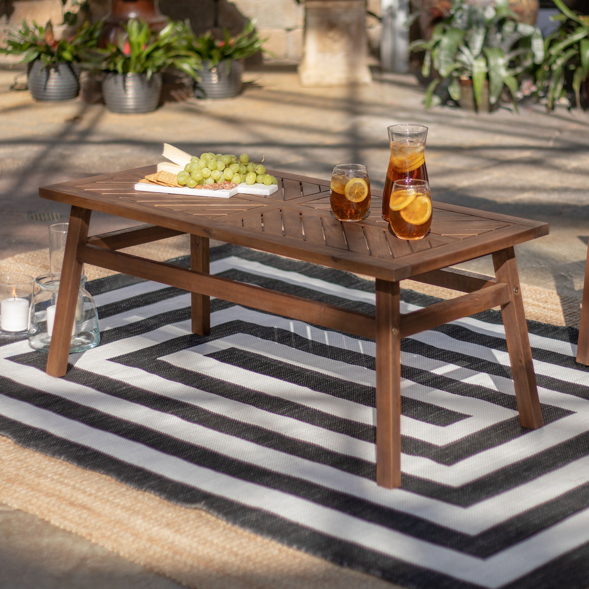 manor park wood outdoor coffee table with chevron design, dark brown