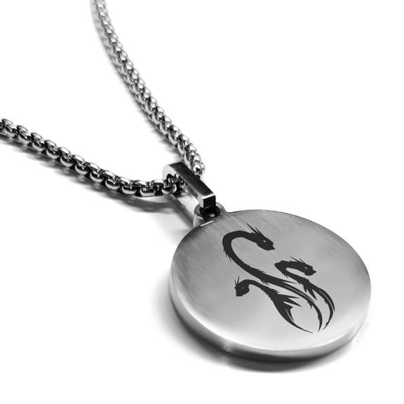 Stainless Steel Mythical Hydra Head Round Medallion Pendant Necklace