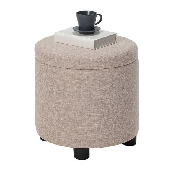 Pemberly Row Round Accent Storage Ottoman with Reversible Tray Lid in Tan Fabric