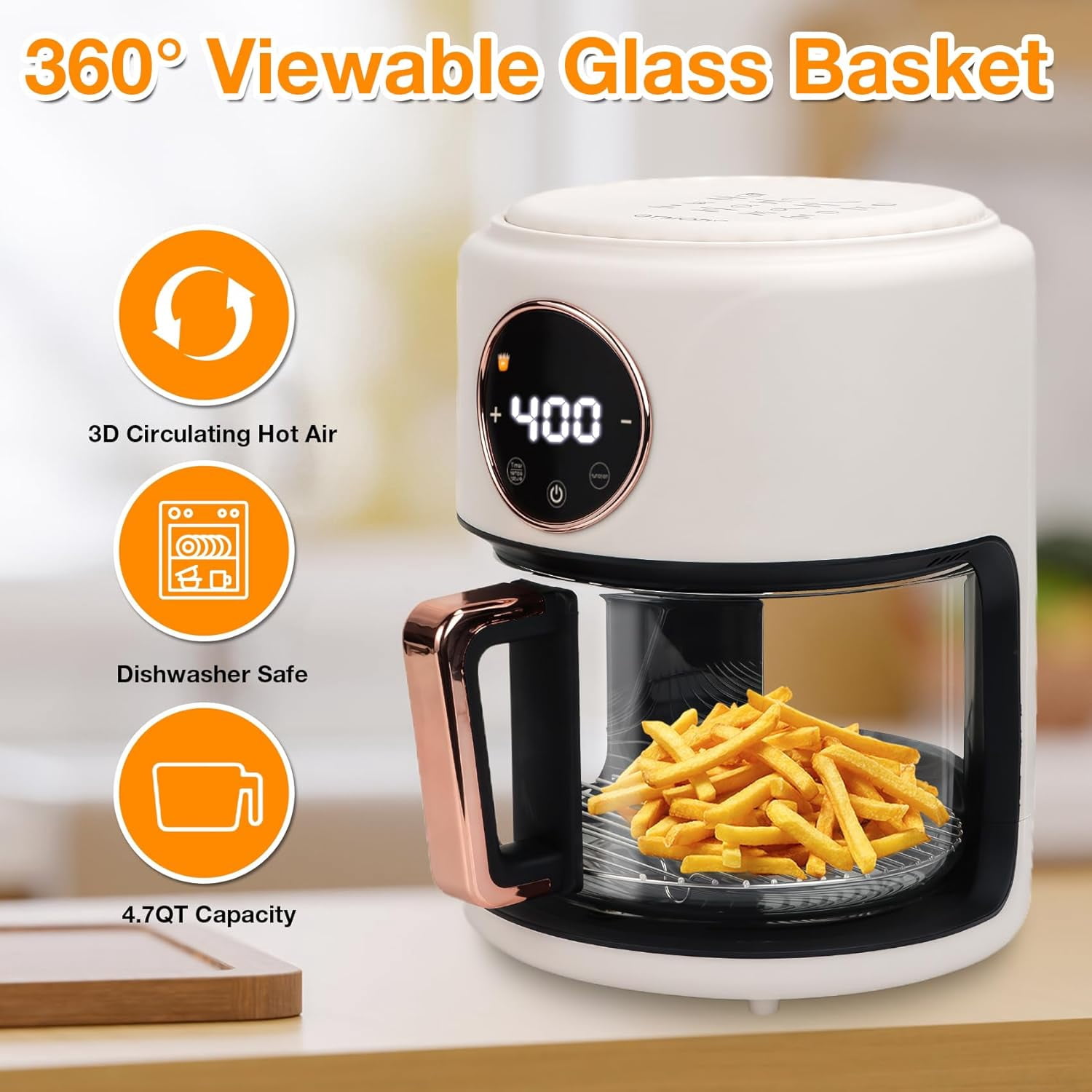 4.7QT Glass Air Fryer, 360 ° Viewable Glass Air Fryer Non Toxic, 6-IN-1 Preset Cook Modes, Digital Display, Adjustable Temp 100F - 400F, Nonstick, Dishwasher Safe, White