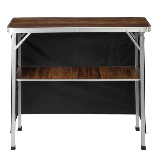 Portable Folding Bar Table with Shelf, Tradeshow Podium Table with Black Skirt and Carrying Bag, for Indoor Outdoor Party Picnic Exhibition, Brown Wood Tone