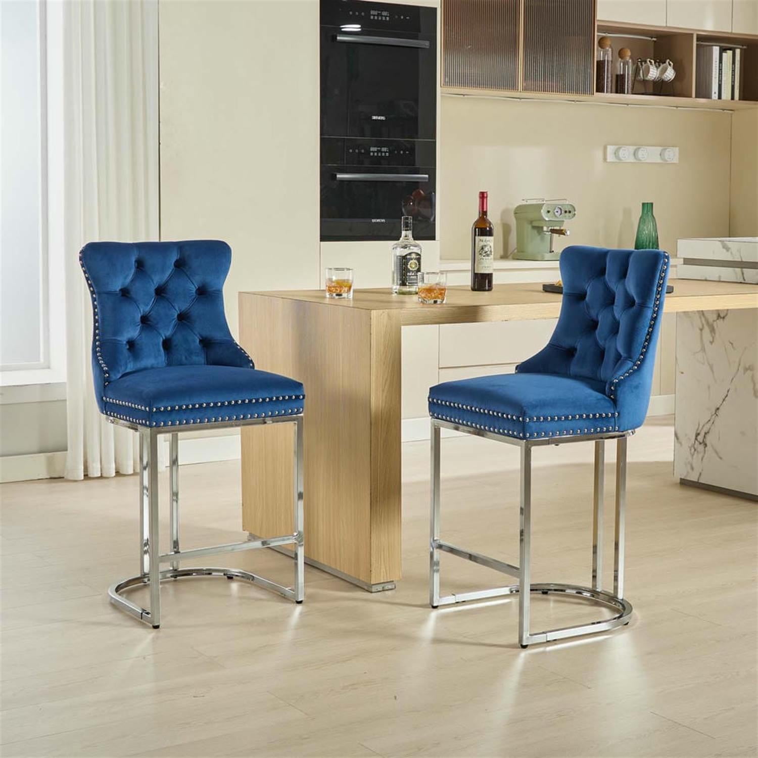 Demi Bonn 38" Counter Height Bar Stools Set of 2, Velvet Barstools with Button Back, Kitchen Island Countertop Chairs for Dining Room, Blue