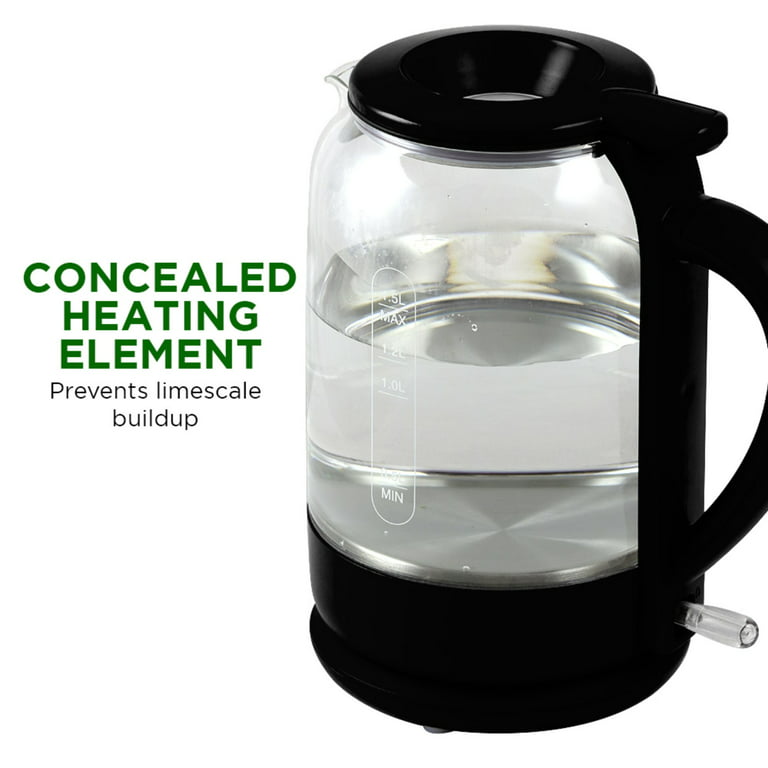 Ovente Electric Glass Hot Water Kettle 1.5 Liter Easy ProntoFill Black KG516B