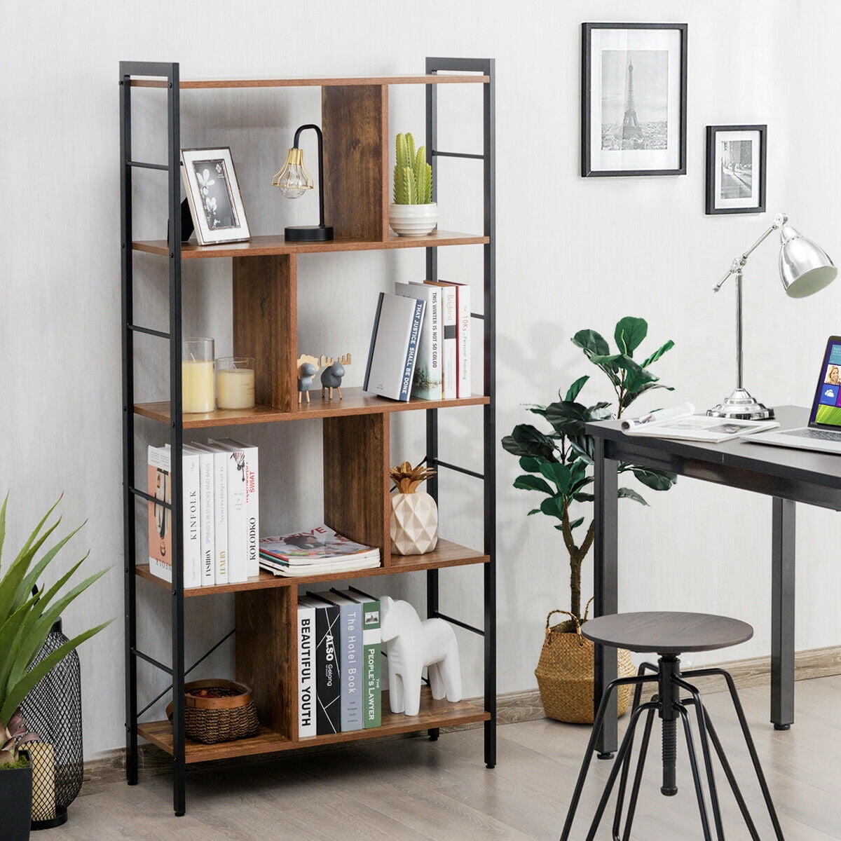 Gymax 4 Tier Bookcase, Brown/Black