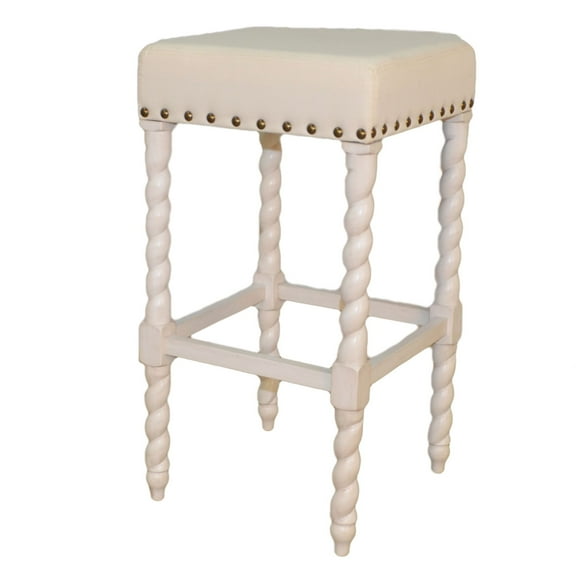 Contemporary Home Living 30" White and Ivory Nailhead Trimmed Bar Stool with Barley Twist Legs