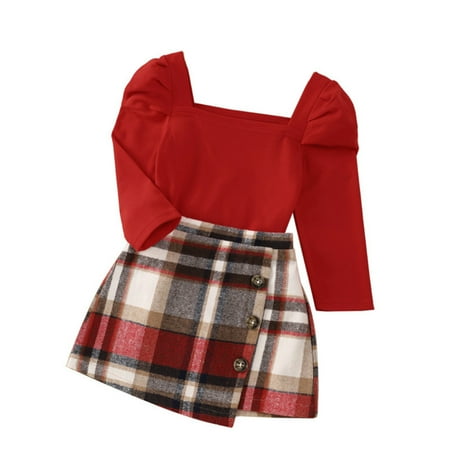 

Blankets Set Toddler Kids Baby Girls Long Bubble Sleeve Ribbed Solid Tops Blouse Plaid Patchwork Skirt Outfit Clothes Set 2PCS Cute Baby Stuff