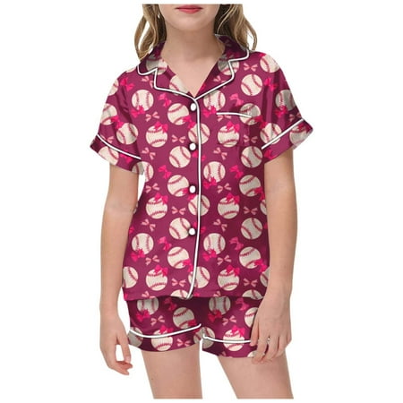 Yuncity Girls Outfit Short Sleeve Lapel Graphic Print Tops With Elastic Waist Shorts 2 Pieces Set Homewear Summer Casual Night Wear Toddler Kids Clothes Set Size 8-9 Years Red