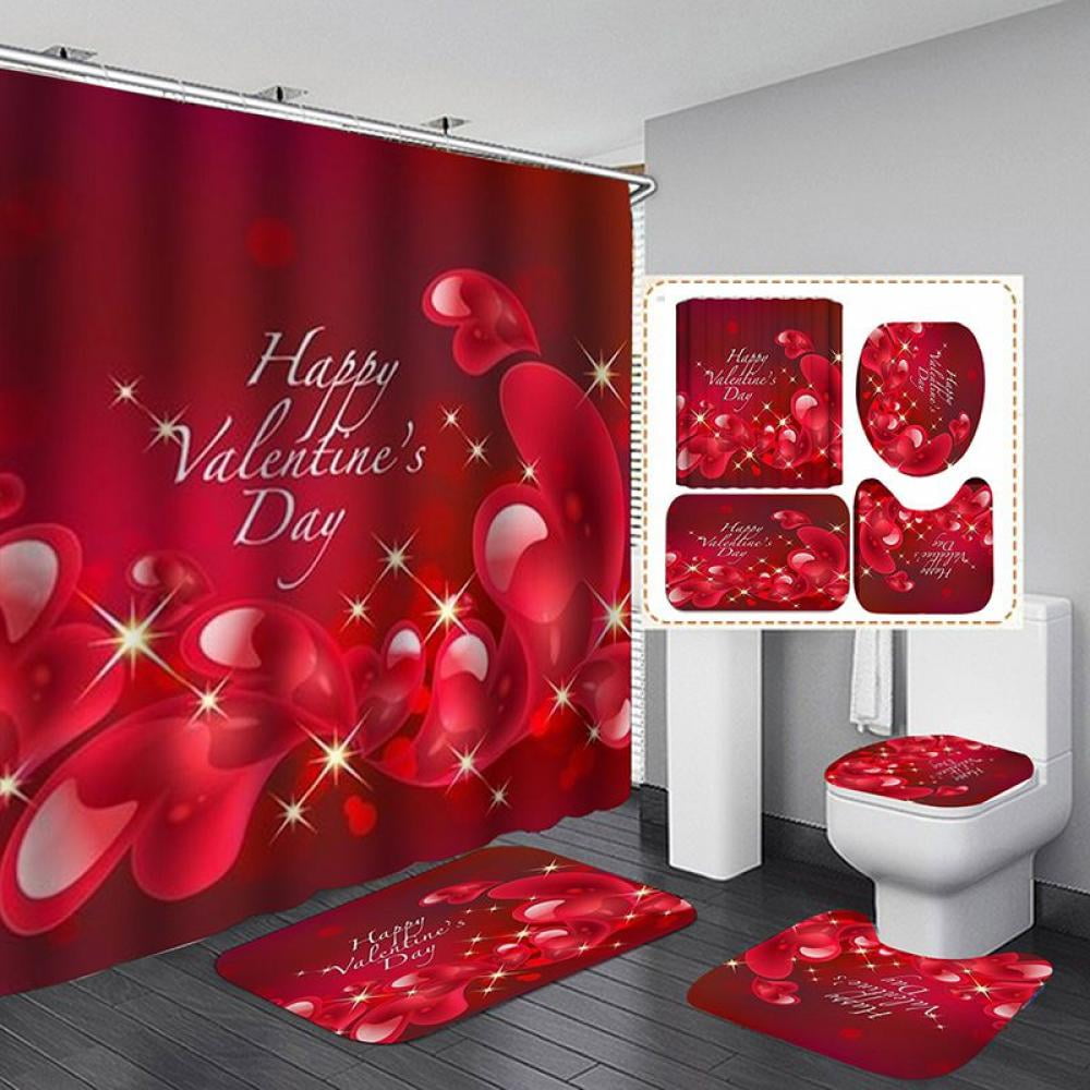 Valentine's Sparkling Heart Waterproof Fabric Bath Shower Curtain&Mat&Hook60/72" 