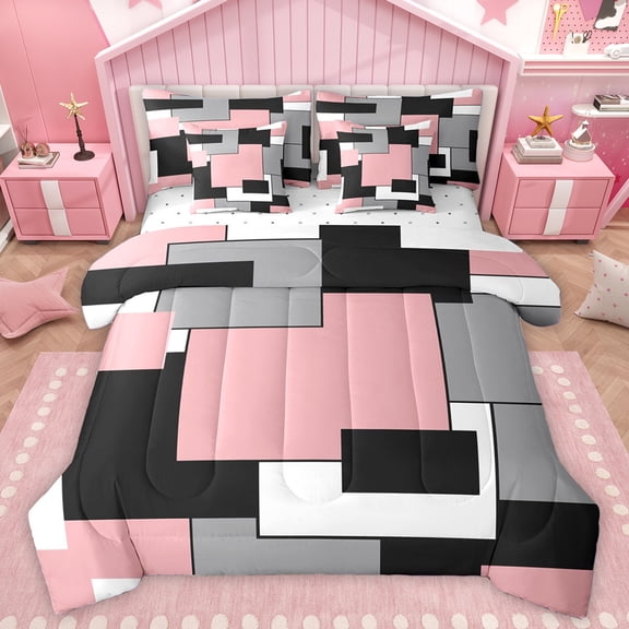 Homewish Abstract Checkered Square 7-Piece Twin Bedding Sets,Pink Black Gray Bedding Comforter Set,Geometric Plaid Grid Sheet Sets For Girls Kids,Microfiber Bedroom Decor