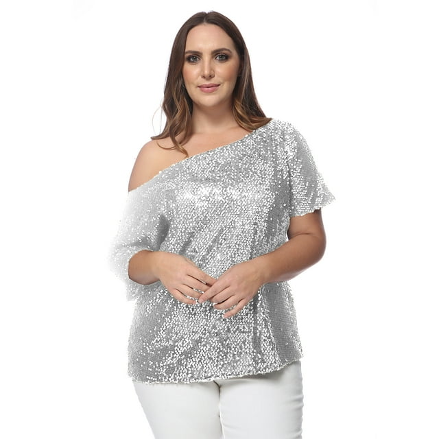 Women's Plus Size Sequin Sexy One Shoulder Short Sleeve Holiday Top