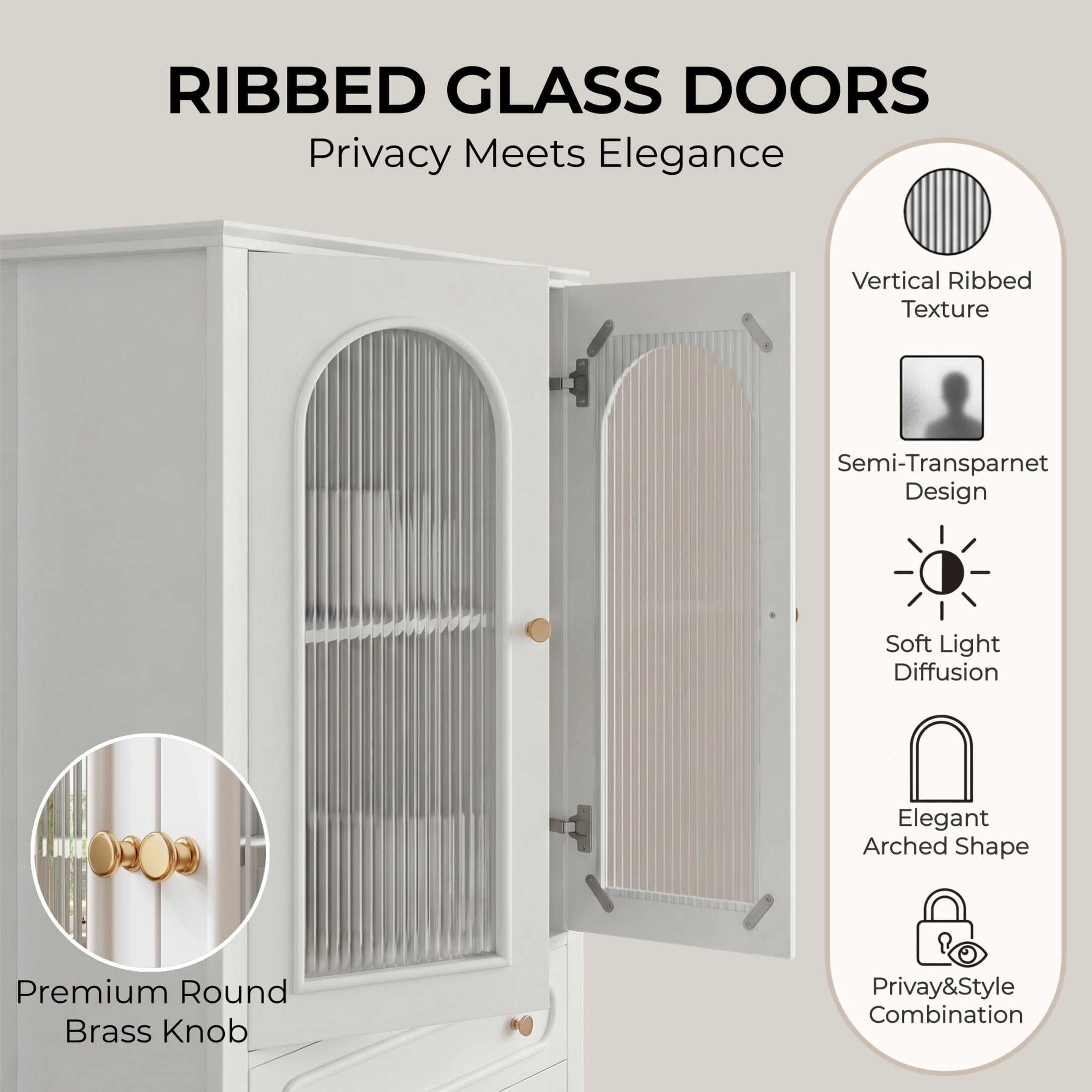 Noble House 46.5" Wooden Glass Display Cabinet with Ribbed Glass Doors, Adjustable Shelf & Storage Drawers, White