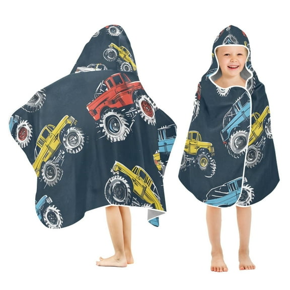 Cartoon Monster Trucks Comic Kids Hooded Beach Towel Baby Bath Poncho Towels with Hood Absorbent 50"x23.5" for Pool Swimming