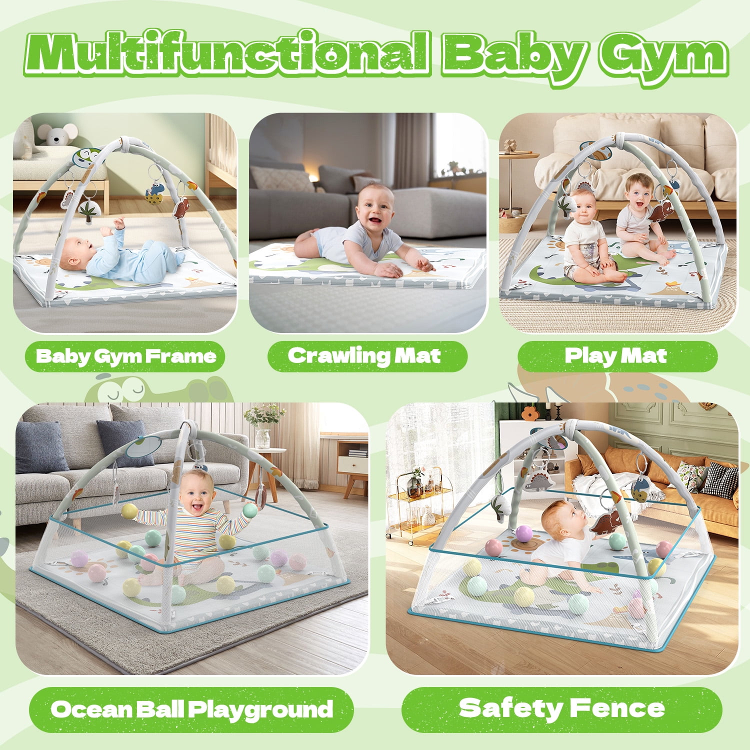 WonderStone 5-in-1 Baby Gym & Play Mat, Tummy Time Toys with Sensory Toys & 18 Balls for Newborns and Infants 0-12 Months, Dinosaur