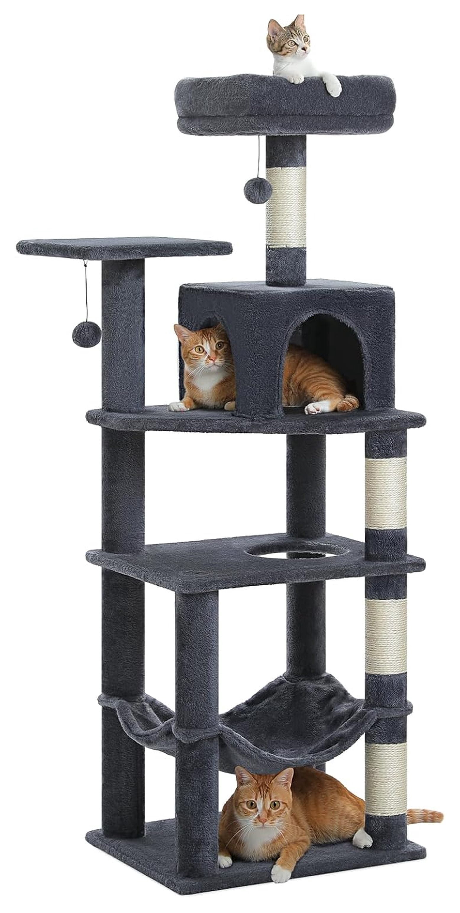 Cat Tree 56.3'' Multi-Level Tower, 2 Top Perch Cat Condo with Scratching Posts, Smoky Grey
