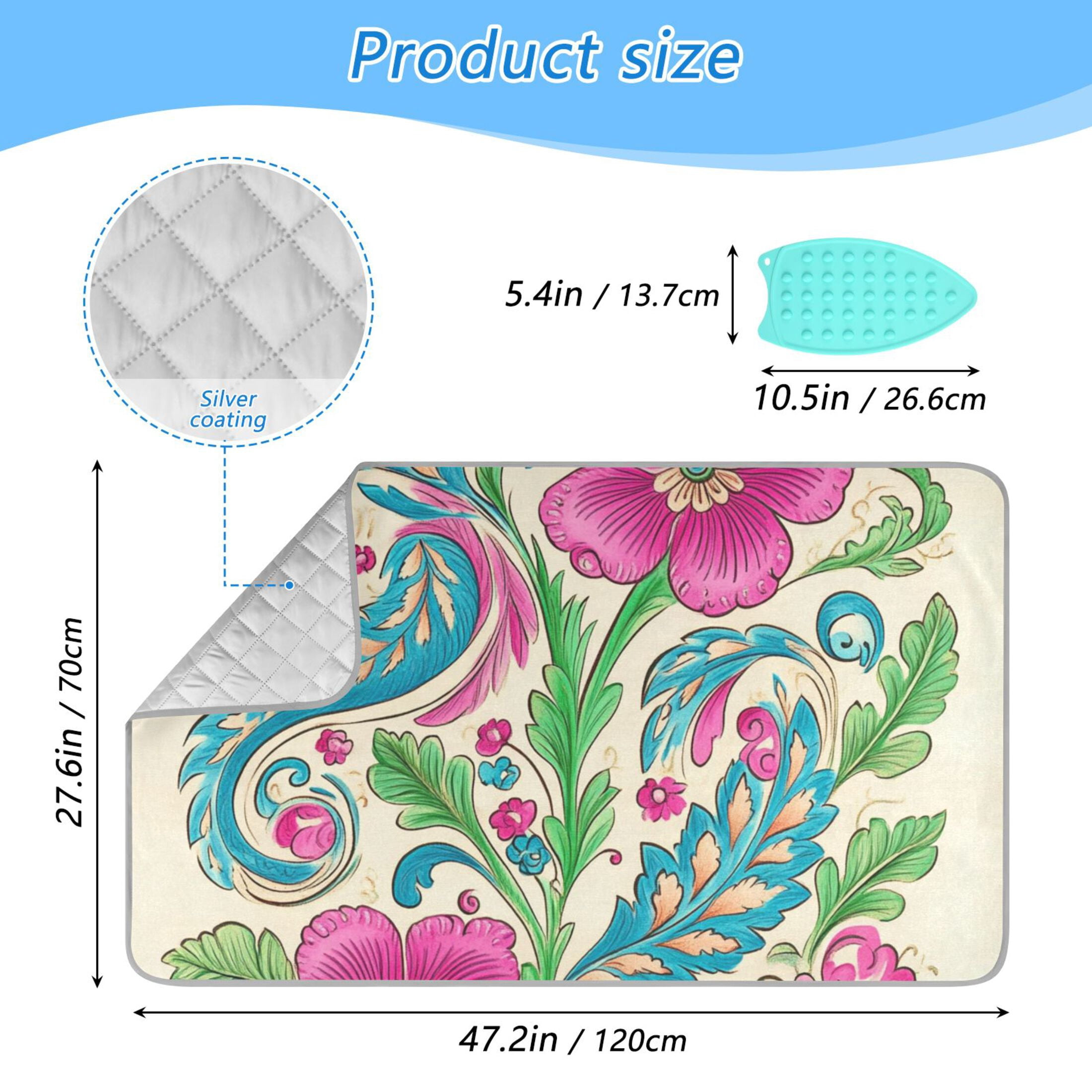 Pinkish Flowers Turquoise Leaves Paisley Style Ironing Mat Blanket Portable Travel Ironing Pad Heat Resistant Pad 47.2" x 27.6”