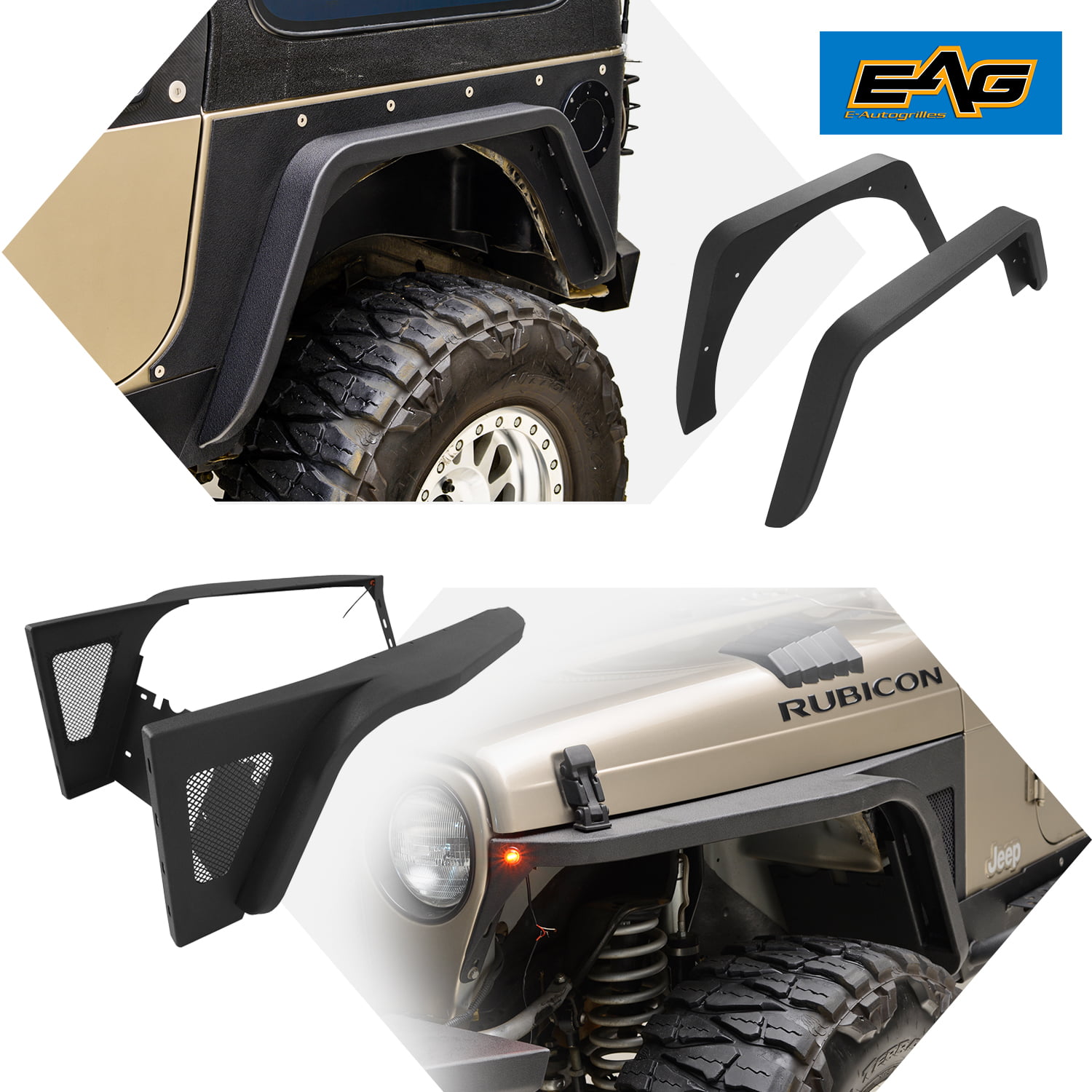 EAG Front and Rear Fender Flares Fit for 97-06 Wrangler TJ Replacement  Rocker Guards 