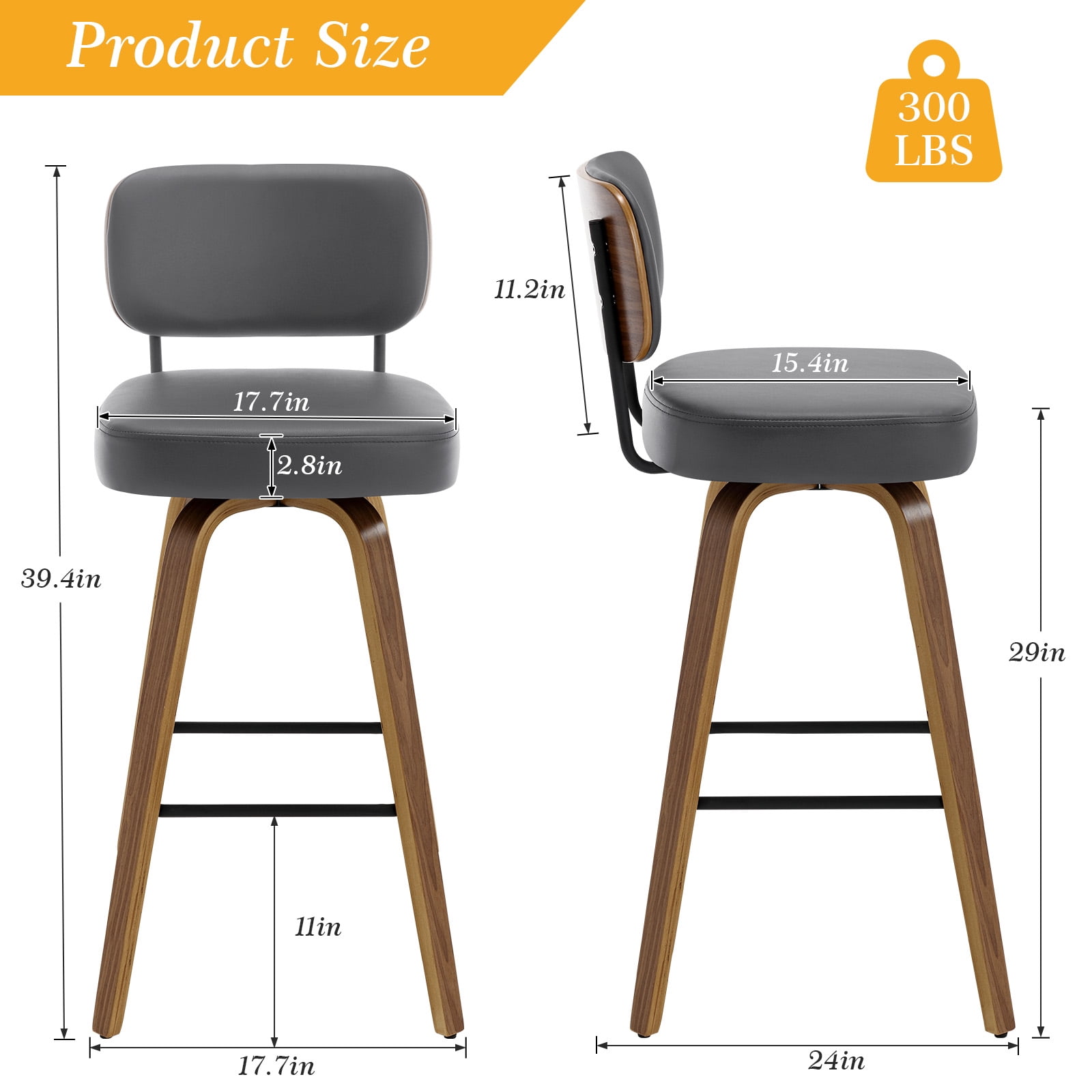 Swivel Counter Height Bar Stools, Set of 4, 29" Upholstered PU Leather Barstools with Back Wood Legs, Mid Century Modern Bar Chair Island Stool for Kitchen Counter, Gray