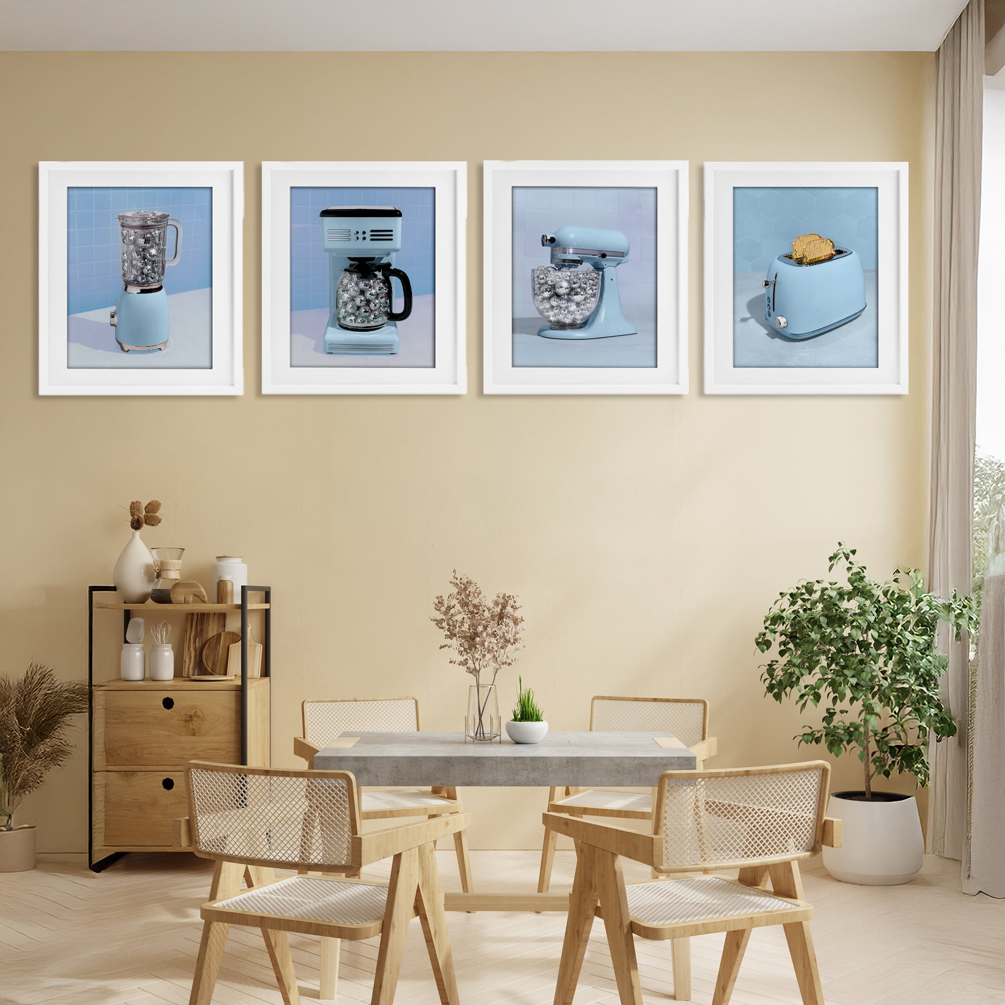 Stupell Industries Disco Kitchen Set over Blue 4 Piece White Framed Print Under Glass Set, design by LISH Creative