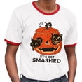 thumbnail image 2 of Pumpkin Cats Lets Get Smashed Ringer Tee Shirt Unisex Small White/Red, 2 of 5