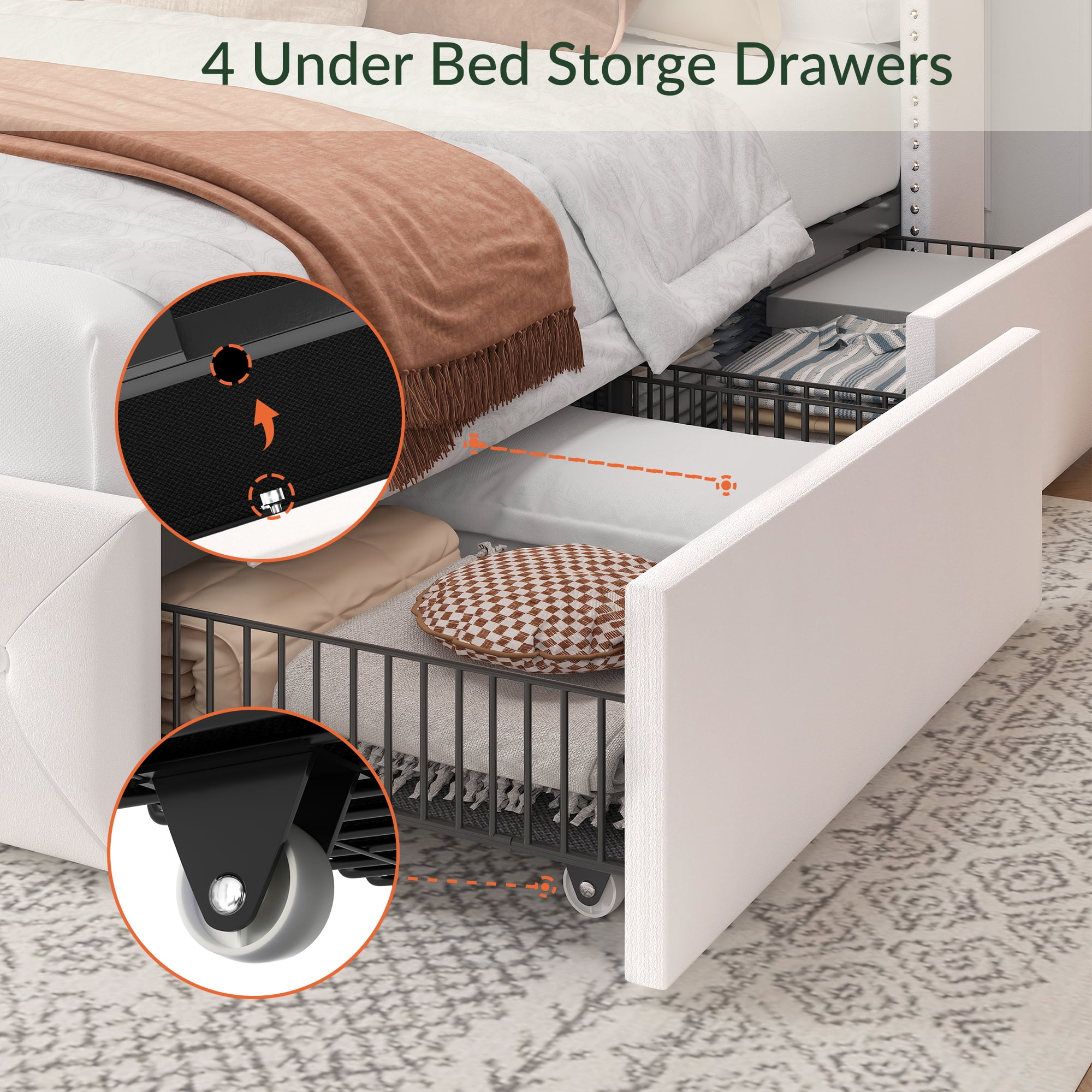 Breltam King Size Bed Frame with Storage Drawers and Tufted Headboard Velvet Upholstered Platform Bed Frame with LED Light Wingback, White