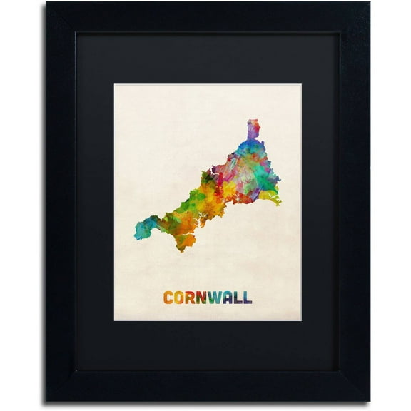 Trademark Fine Art 'Cornwall England Watercolor Map' Canvas Art by Michael Tompsett, Black Matte, Black Frame