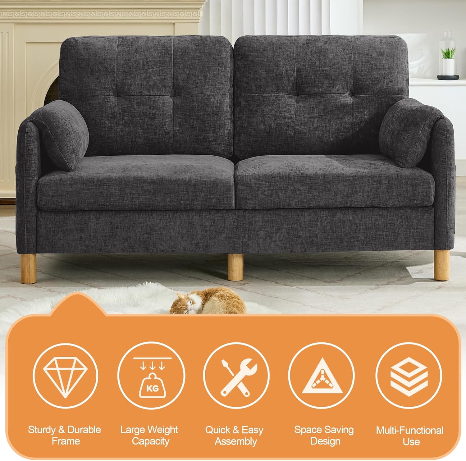 65" Chenille Loveseat Sofa, Modern 2-Seater Love Seat Couch with Armrest Pillows,Upholstered Tufted Loveseat Couches for Living Room Bedroom, Dark Grey