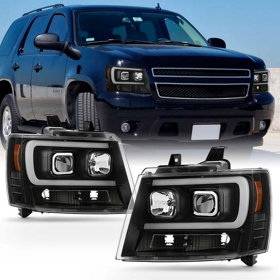 AKKON - Fits 2007-14 Chevy Tahoe Suburban 1500/2500 07-13 Avalanche Projector LED [C-Tube Bar] Black Headlights Pair Left Right