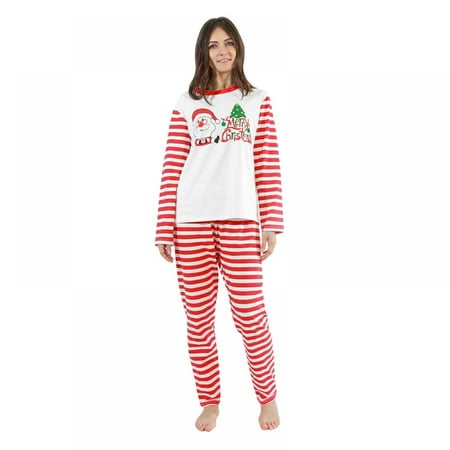 

[Big sale!]Christmas Family Parent-child Suit Stripes Printing Home Service Cotton Soft Two-piece Pajamas Children Clothing Red 120