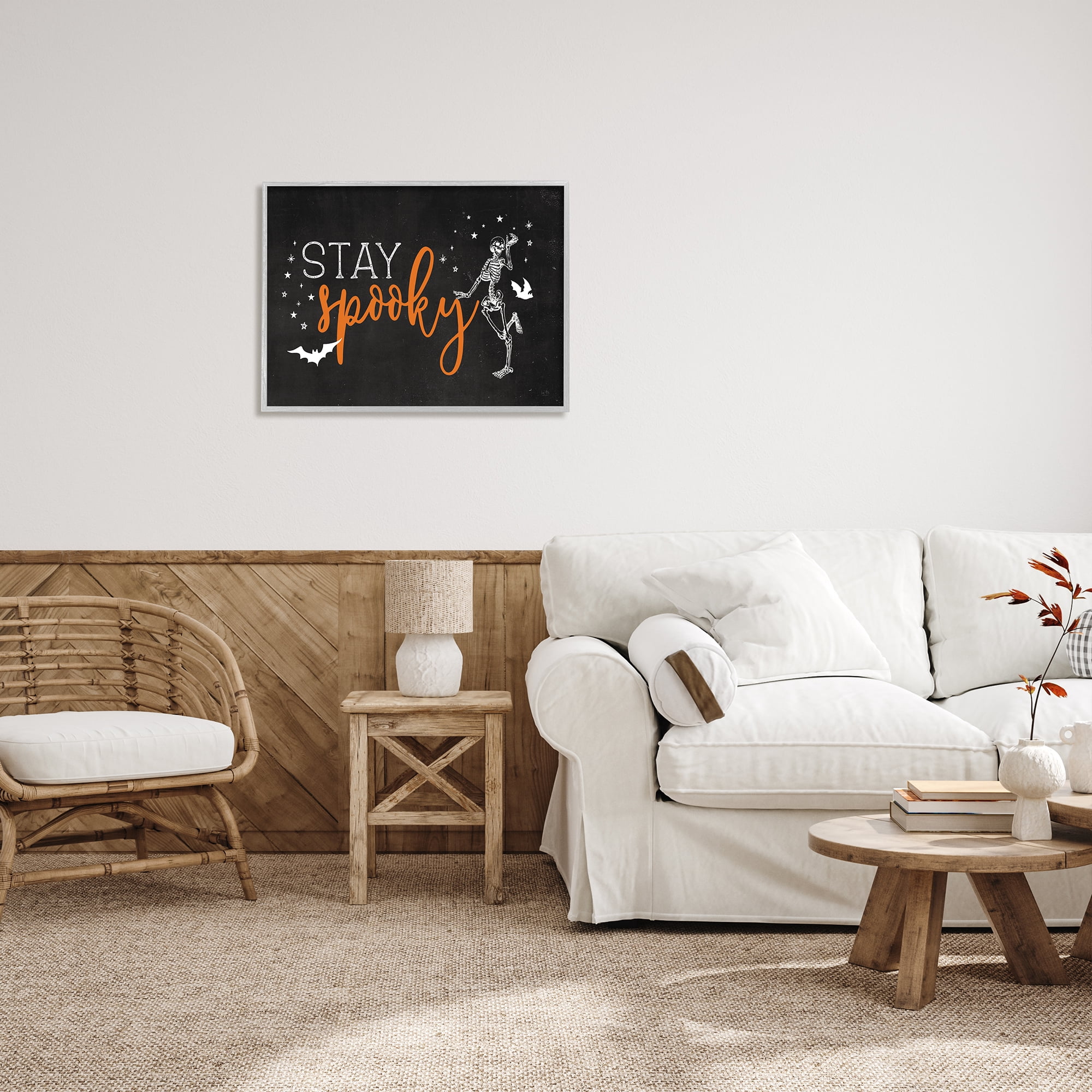 Stupell Industries Stay Spooky Skeleton Holiday Painting Gray Framed Art Print Wall Art, 30 x 24