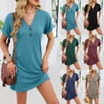 thumbnail image 2 of felwors Summer Dress Short Sleeve Casual V Neck Button Down Loose Vacation Mini Dress (Wine, M), 2 of 8