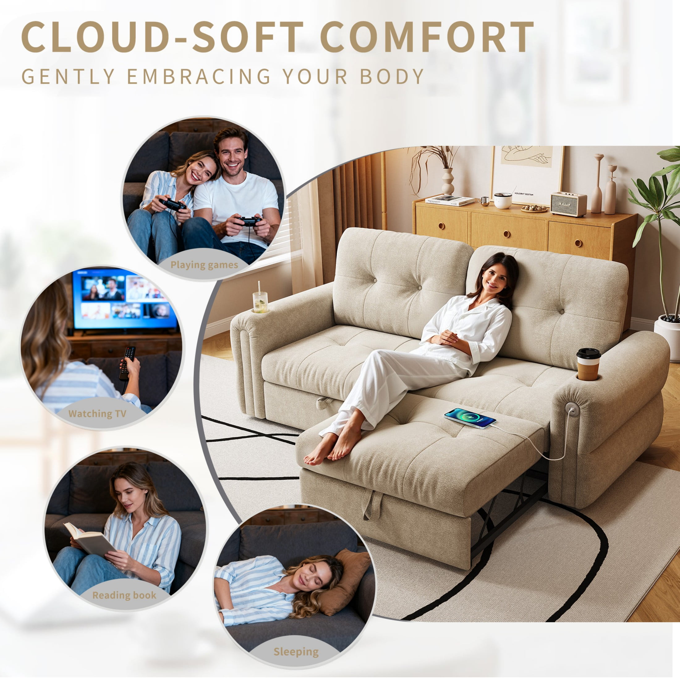 77" Queen Size Sofa Bed, Loveseat Sleeper Sofa with Pull Out Bed and USB, 2 Seater Convertible Small Couch for Living Room Bedroom Apartment (Beige, Chenille)