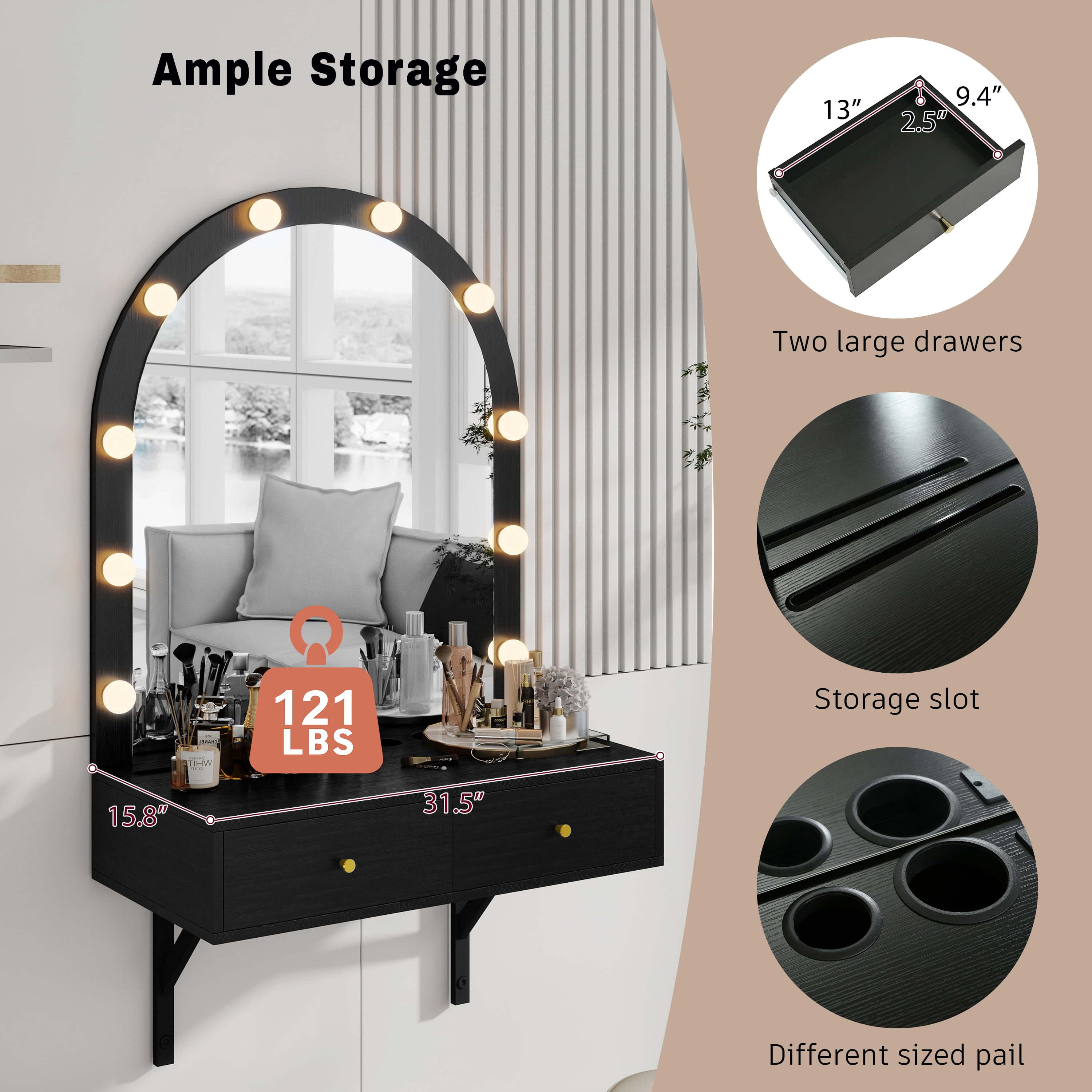 GARITIN Floating Makeup Vanity Desk 31.5 Inch, Wall Mounted Dressing Table with LED Mirror and Power Outlet for Bedroom Bathroom, Black