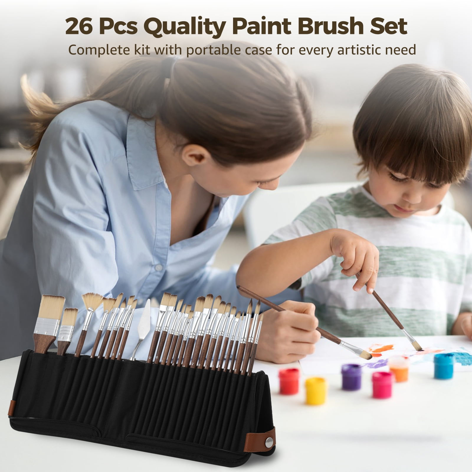 26 Pcs Paint Brush Set with Textile Case, Portable Vertical Stand Painting Tool Kit, Nylon Hair Paintbrushes Set with Metal Pigment Scraper for Acrylics, Watercolors, Oils