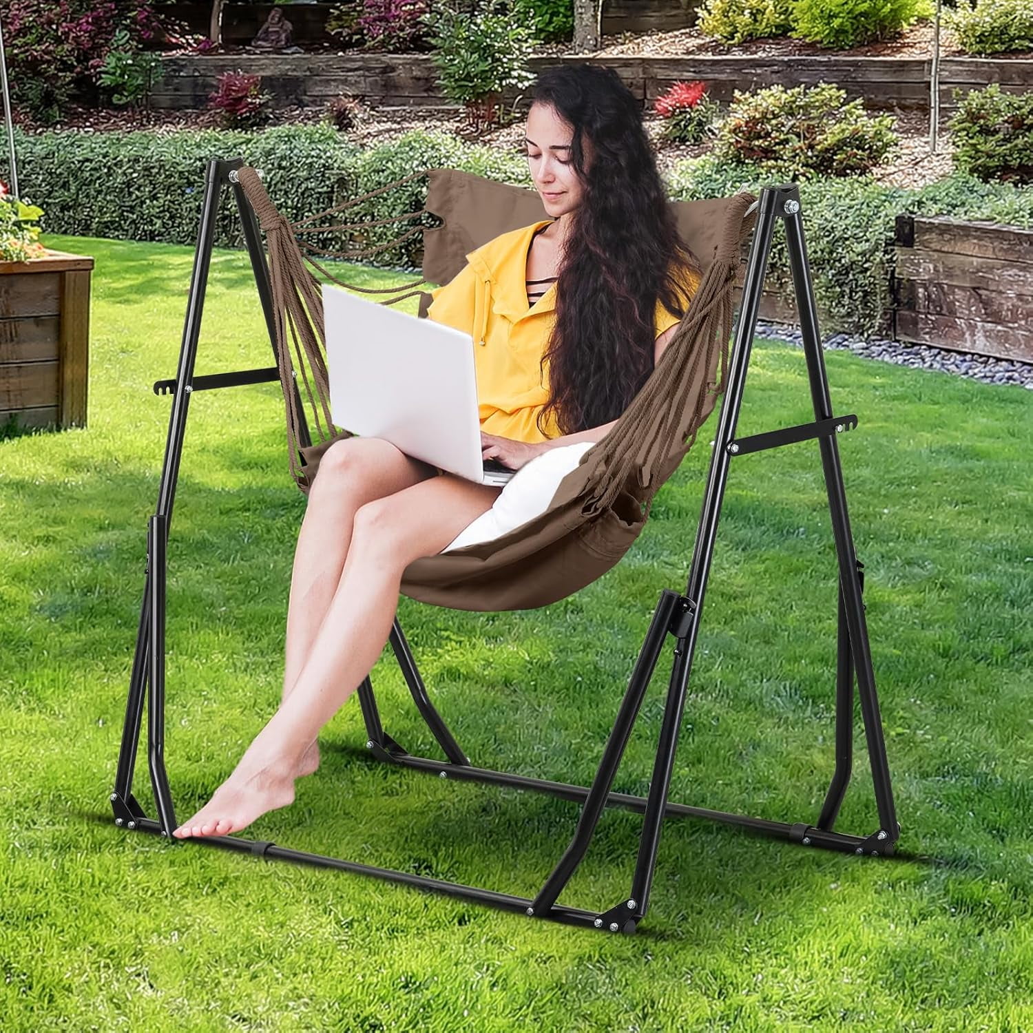 2 in 1 Hammock with Stand, Outdoor Hammock Swing Chair with Portable Heavy Duty Stand, Multi-Functional Hammock Stand 480 lbs Weight Capacit-Coffee