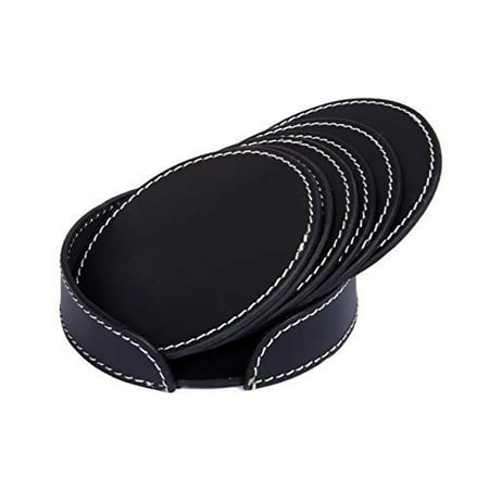 

eloria Drink Coasters Set of 6 with Holder Black Colour Round Shape Leather Coasters for Table Protection