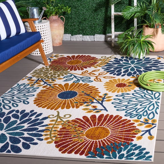 SAFAVIEH Cabana Garnet Floral Indoor/Outdoor Area Rug, Creme/Red, 3' x 3' Square