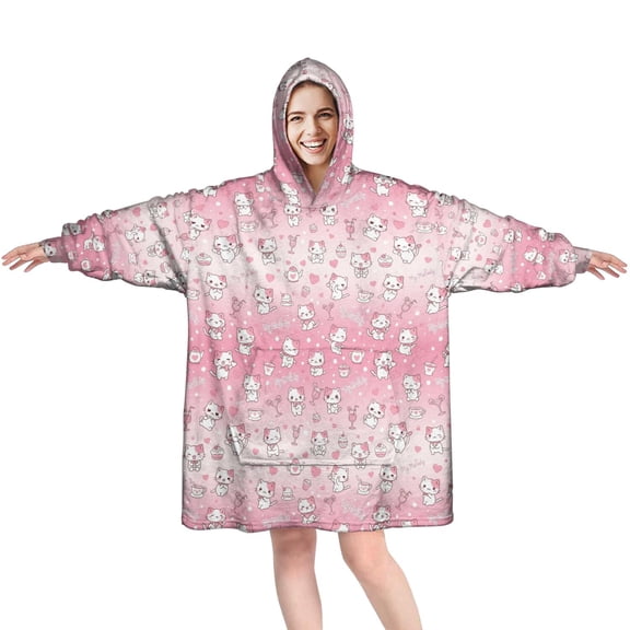 Wearable Blanket Hoodie,Kawaii Cat and Tea Pink Pattern Oversized Sherpa Blanket Hoodie with Super Pockets,Super Warm Fuzzy Pullover for Women & Men