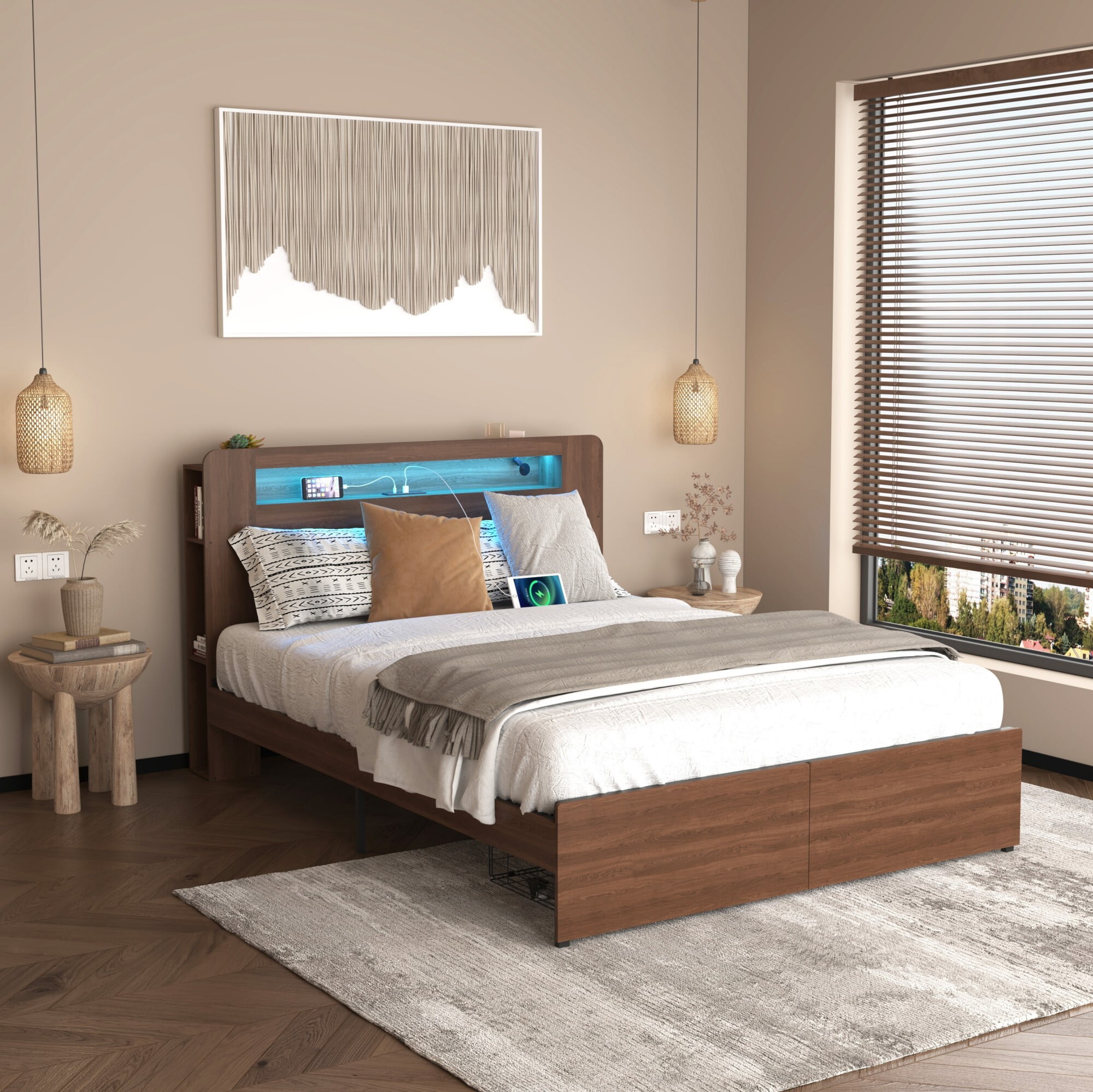 AENKYO Full Size Bed Frame with Bookshelf Headboard, Charging Station, 2 Drawers & Smart LED Lights, Walnut Color