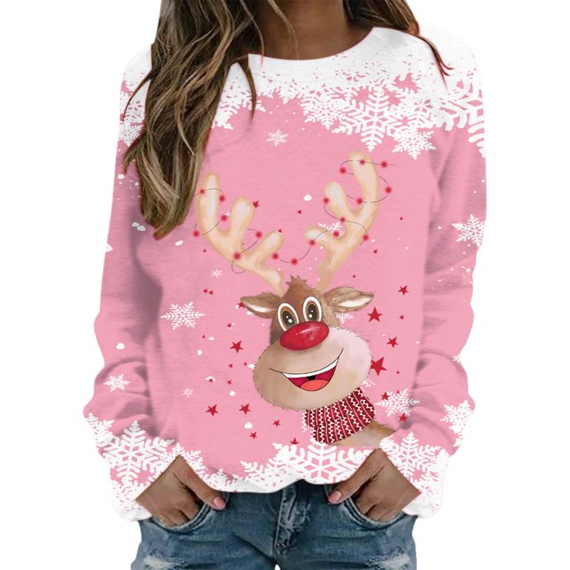 toraway Sweat à Capuche pour Femmes Imprimé Cerf de Noël Col Rond Ample et Décontracté S