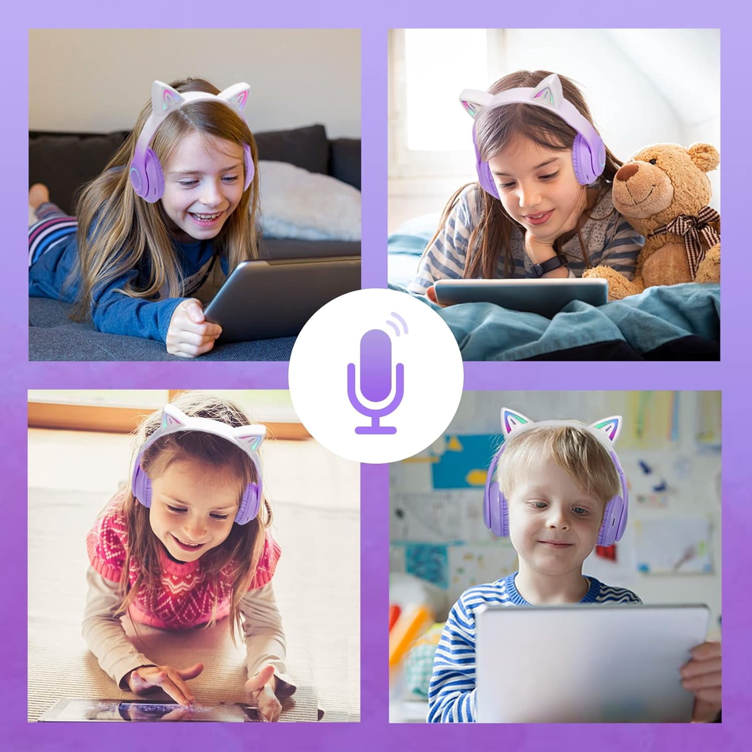 Yuehuam Cat Ear Headphones, Kids Bluetooth Headphone with Microphone, Foldable Comfortable and Adjustable Wireless/Wire Over Ear Headset for Girls Teenagers and Adults, Purple