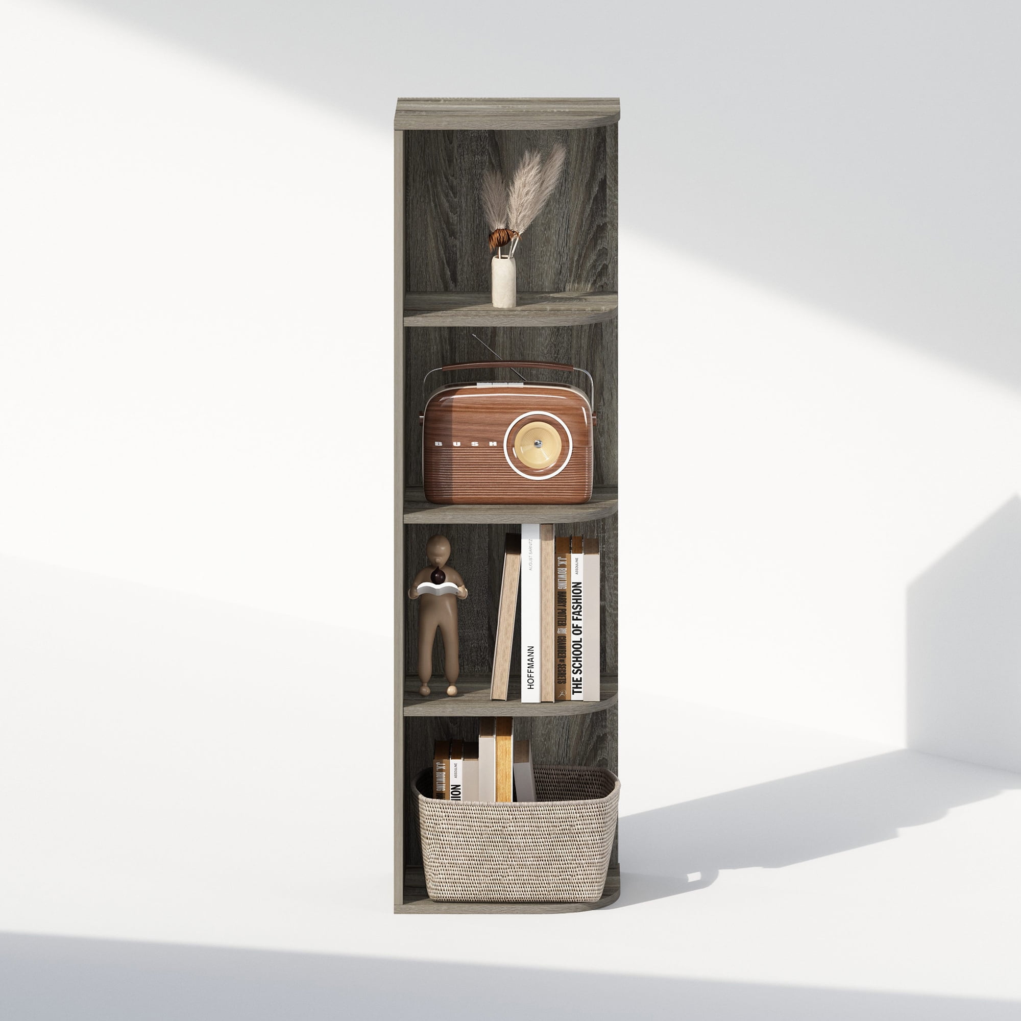 Furinno Reed 4-Tier Space Saving Corner Storage Display Shelf, Bookshelf, French Oak