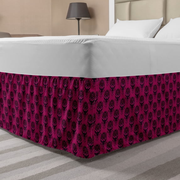 Damask Bed Skirt, Abstract Royal Floral Arabesque Style Baroque Inspiration, Elastic Bedskirt Dust Ruffle Wrap Around for Bedding Decor, 4 Sizes, Dark Magenta Dark Purple, by Ambesonne