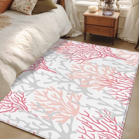 Area Rug 48&times;72in Ocean Summer Pink Grey Coral Floor Carpet Living Room Rug Sea Plant on White Non-Slip Welcome Mat Indoor Rugs for Bedroom Dining Room
