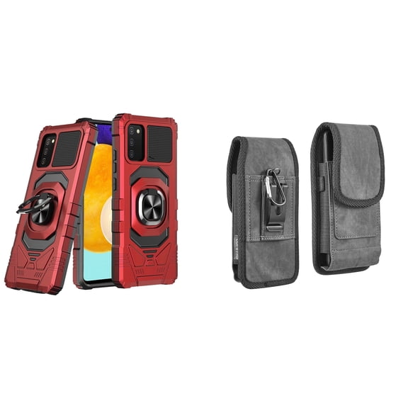 Case with Belt Holster Bundle for Samsung Galaxy A03s: Heavy Duty Series Protection Cover (Red) and Vertical Rugged Denim Nylon Phone Pouch
